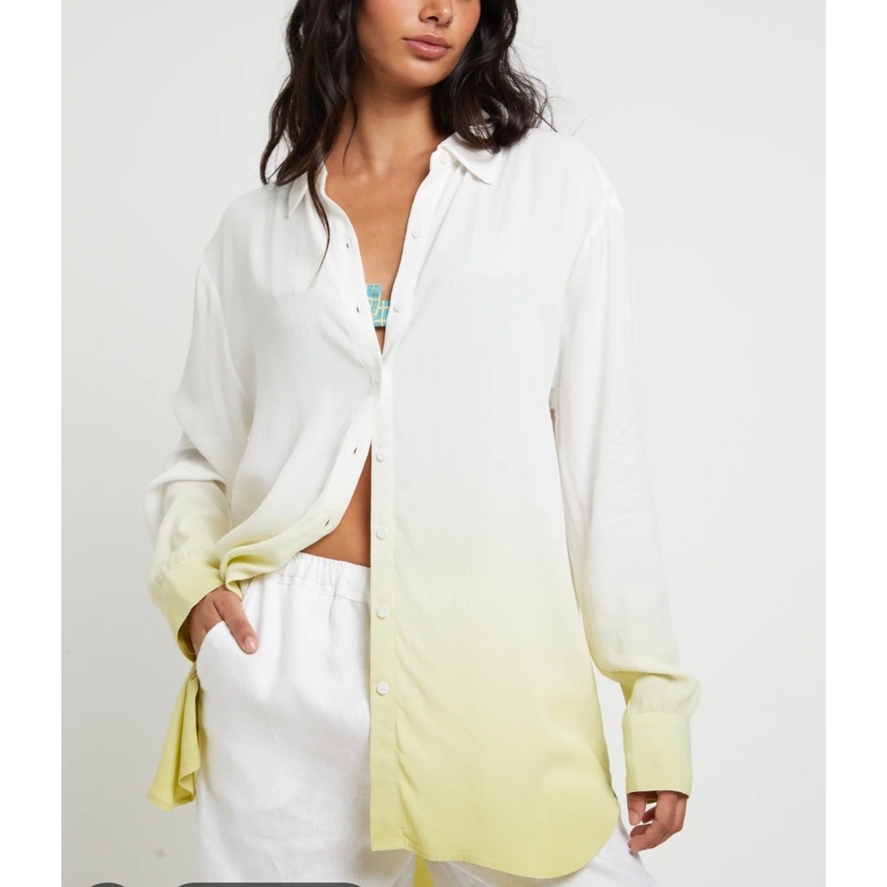 Denim & Co Active‎ Ombre Linen Blend Tunic Shirt Yellow White XL A500979